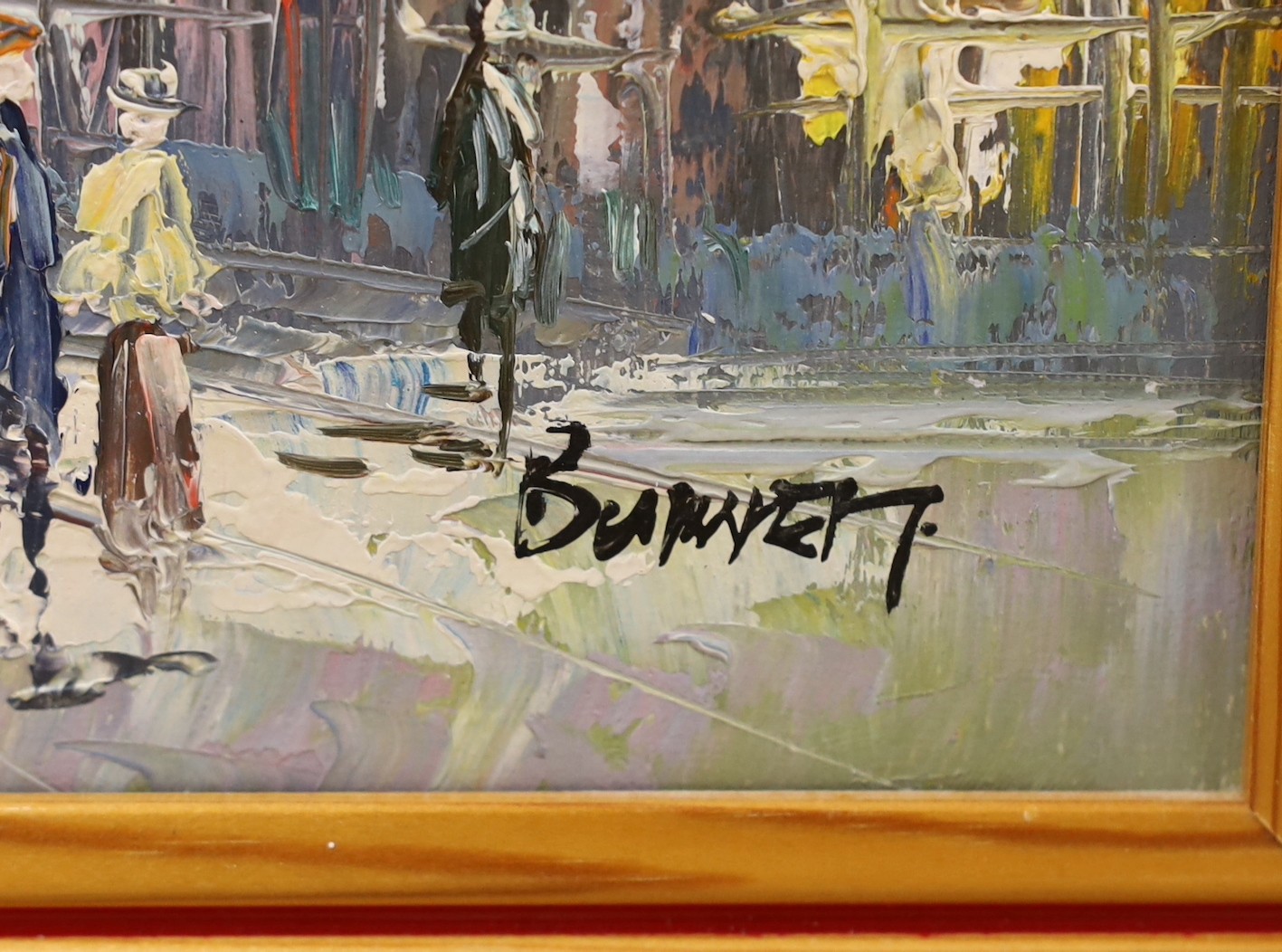 Elizabeth Burnett, oil on canvas, Parisian street scene, signed, 25 x 20cm